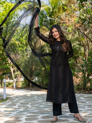 Black Embroidered Georgette Salwar Suit with Net Dupatta