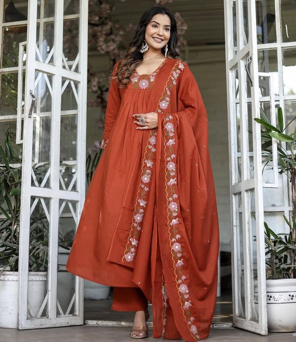 Dark Orange Slubelegance Embroidered Salwar Suit