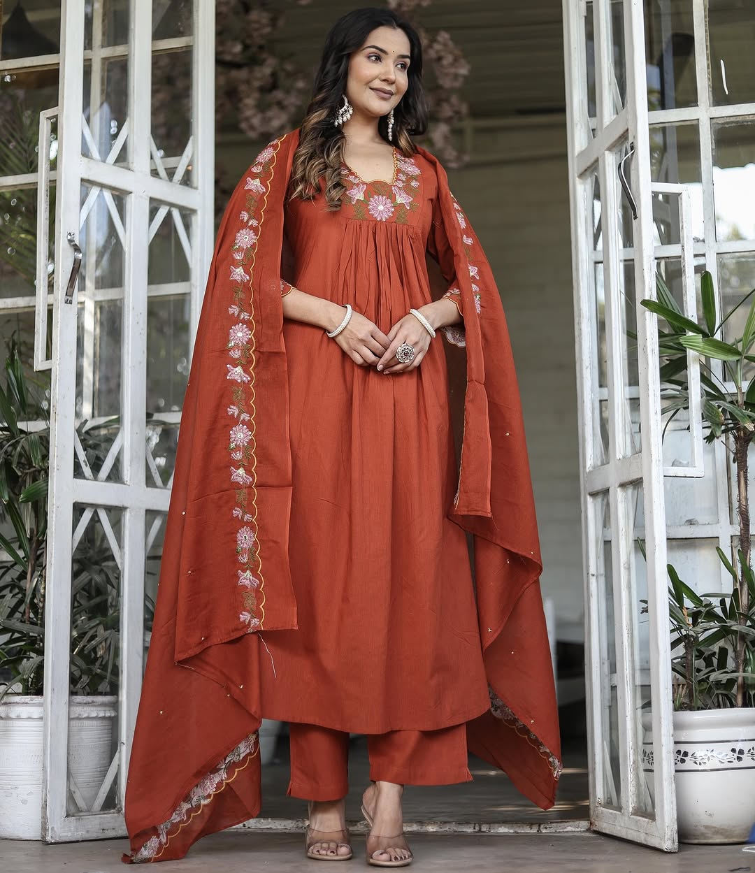 Dark Orange SlubElegance Embroidered Salwar Suit