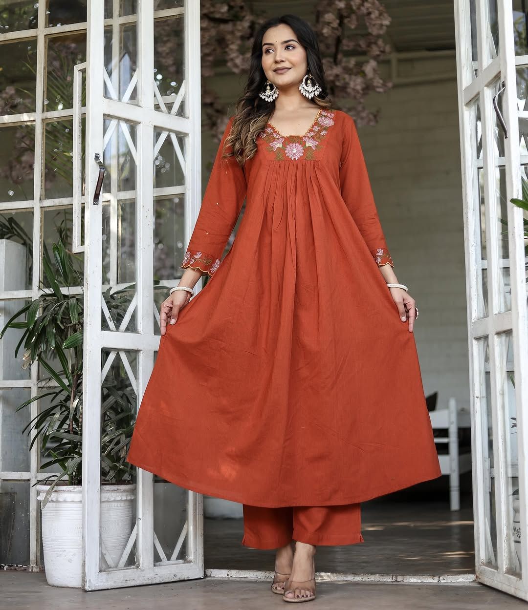 Dark Orange SlubElegance Embroidered Salwar Suit