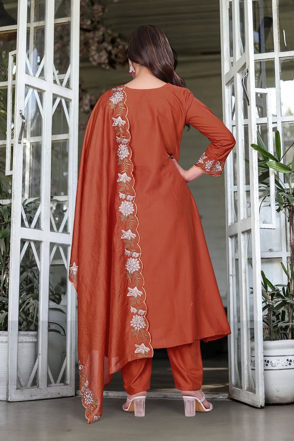 Dark Orange SlubElegance Embroidered Salwar Suit