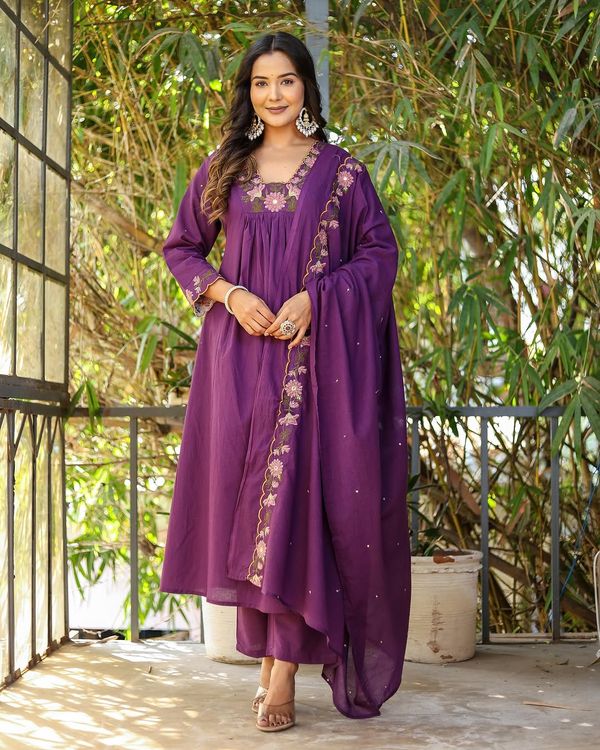 Purple Slubcharm Embroidered Salwar Suit