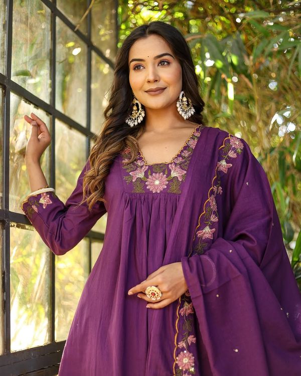 Purple SlubCharm Embroidered Salwar Suit