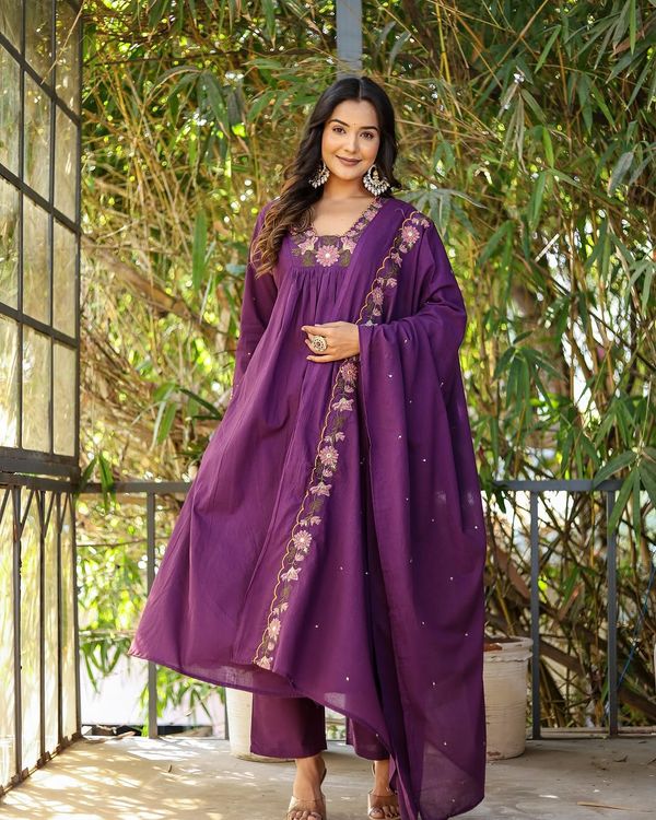 Purple SlubCharm Embroidered Salwar Suit