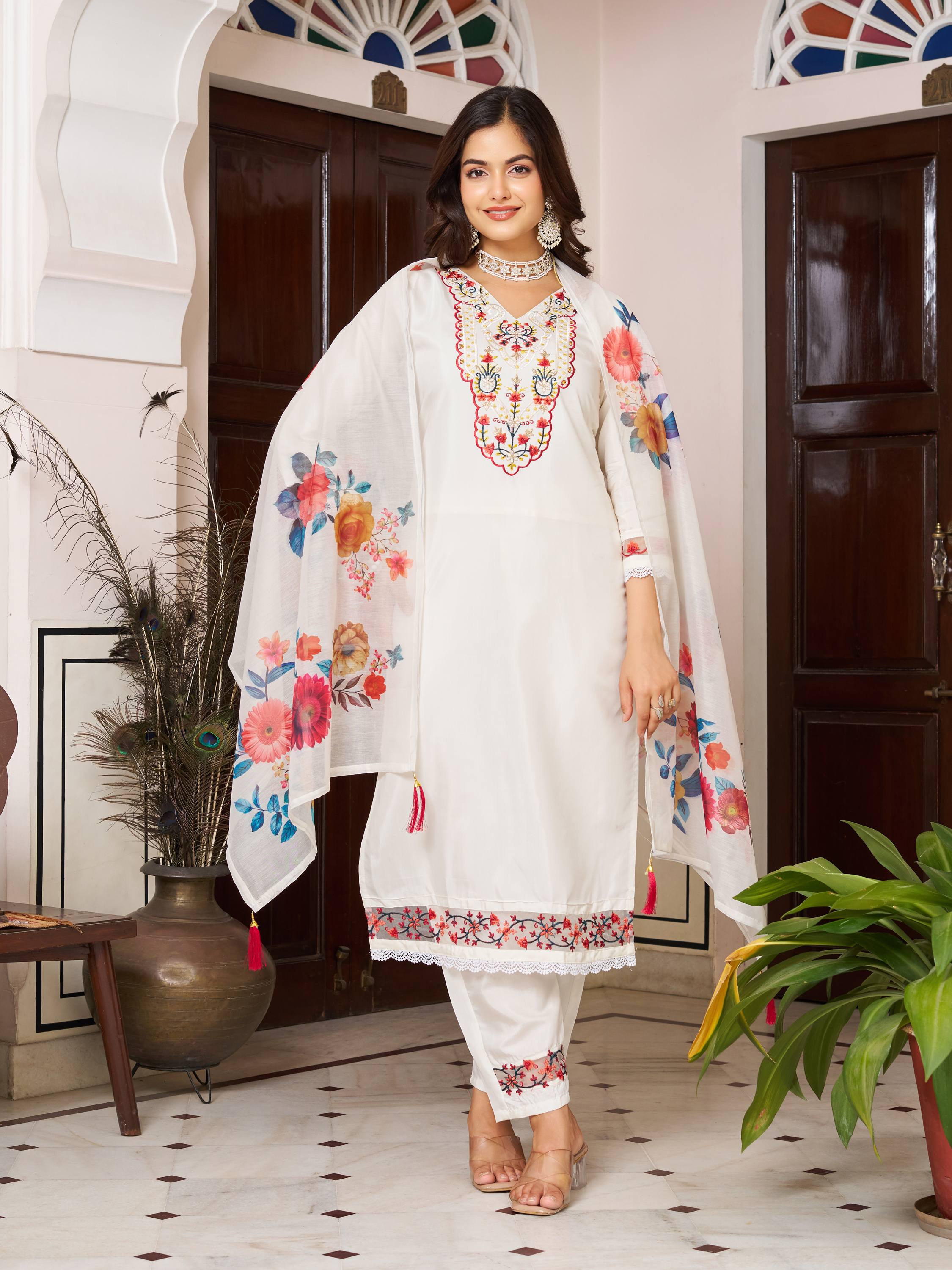 White Chanderi Blossom Salwar Suit