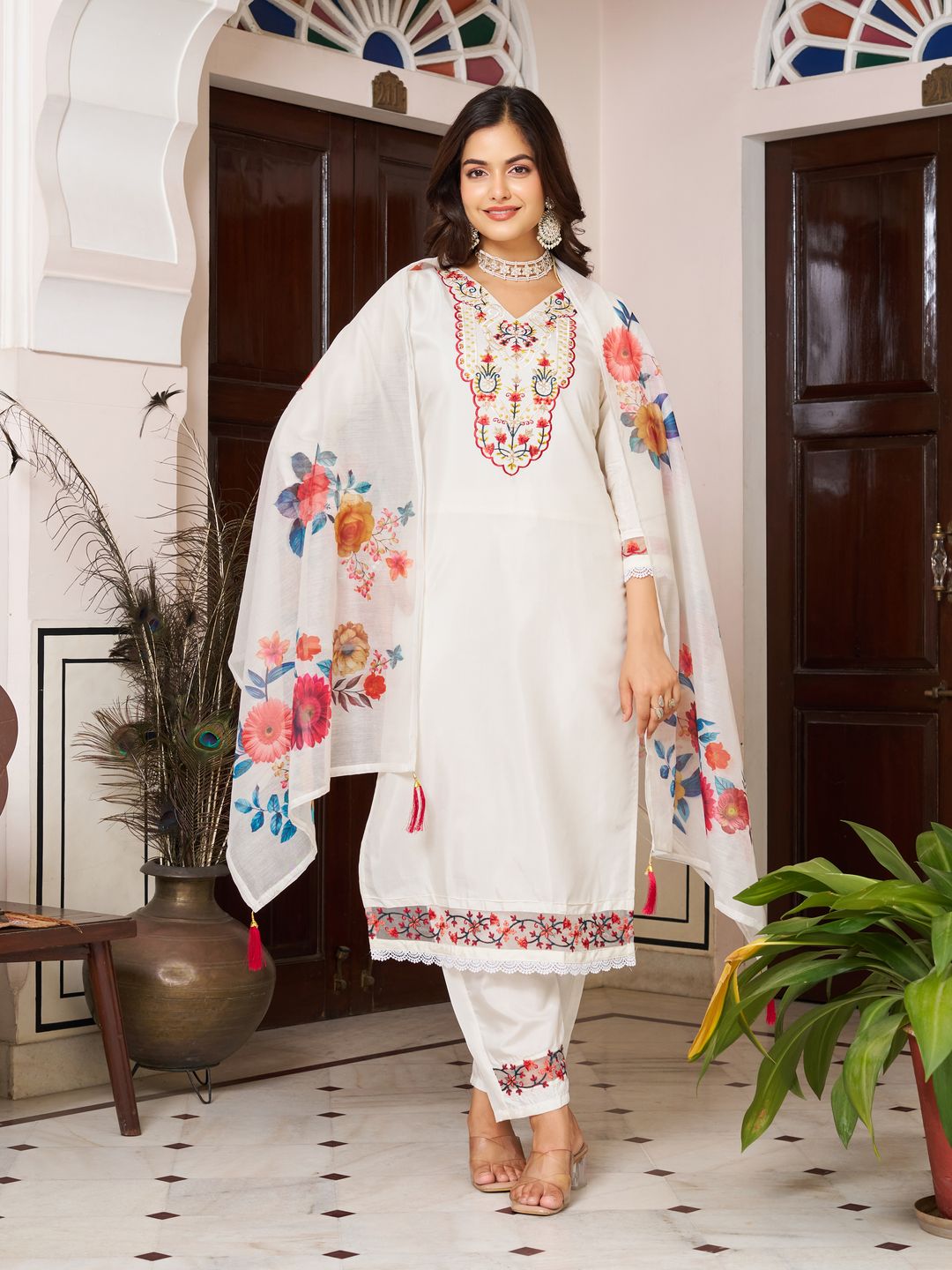 White Chanderi Blossom Salwar Suit