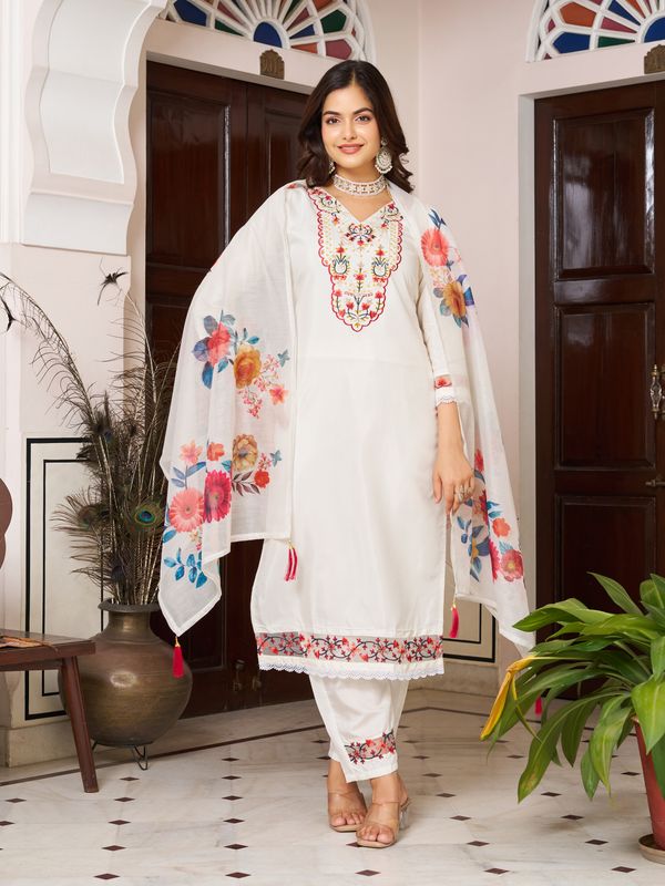 White Chanderi Blossom Salwar Suit