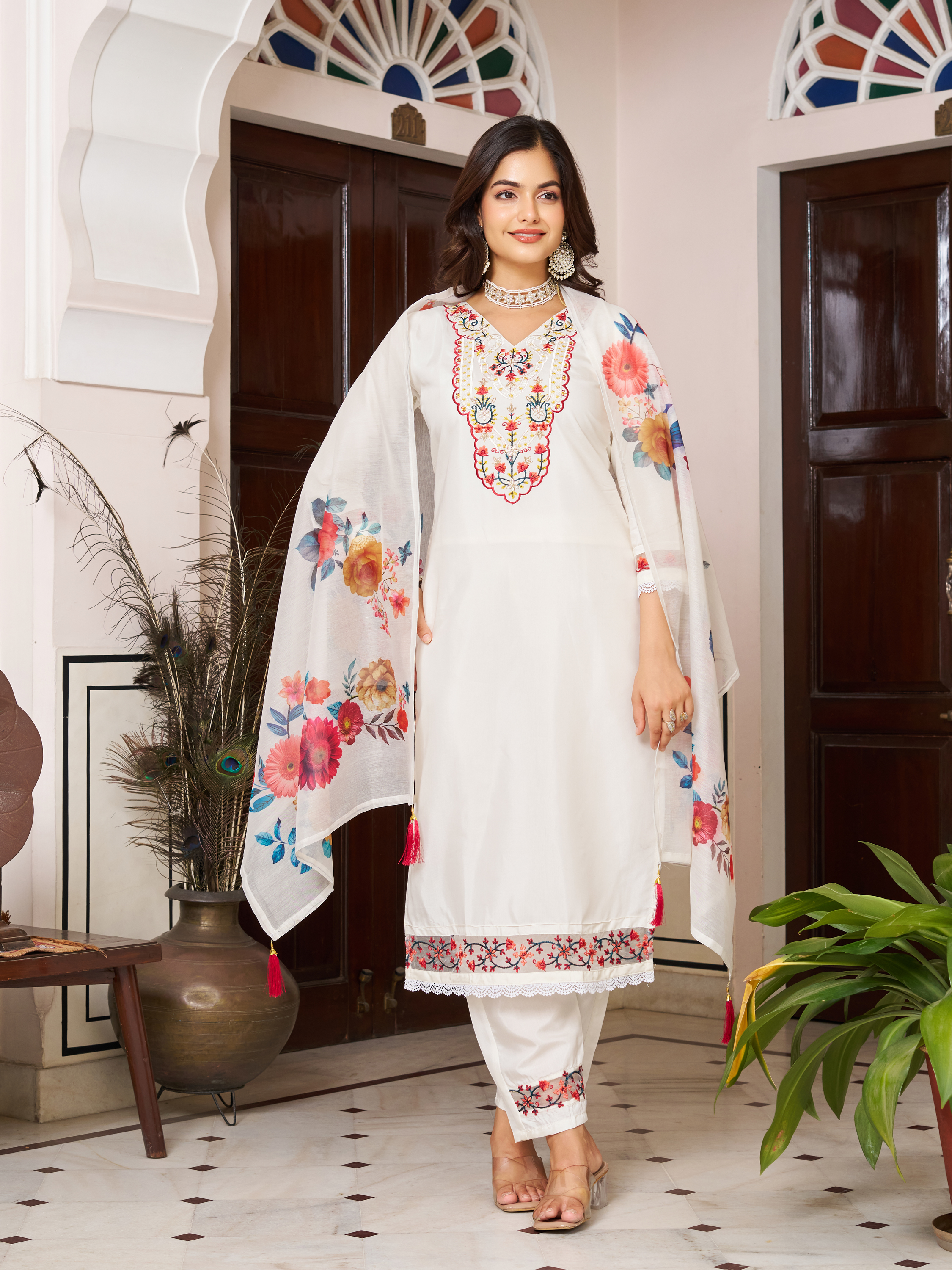 White Chanderi Blossom Salwar Suit