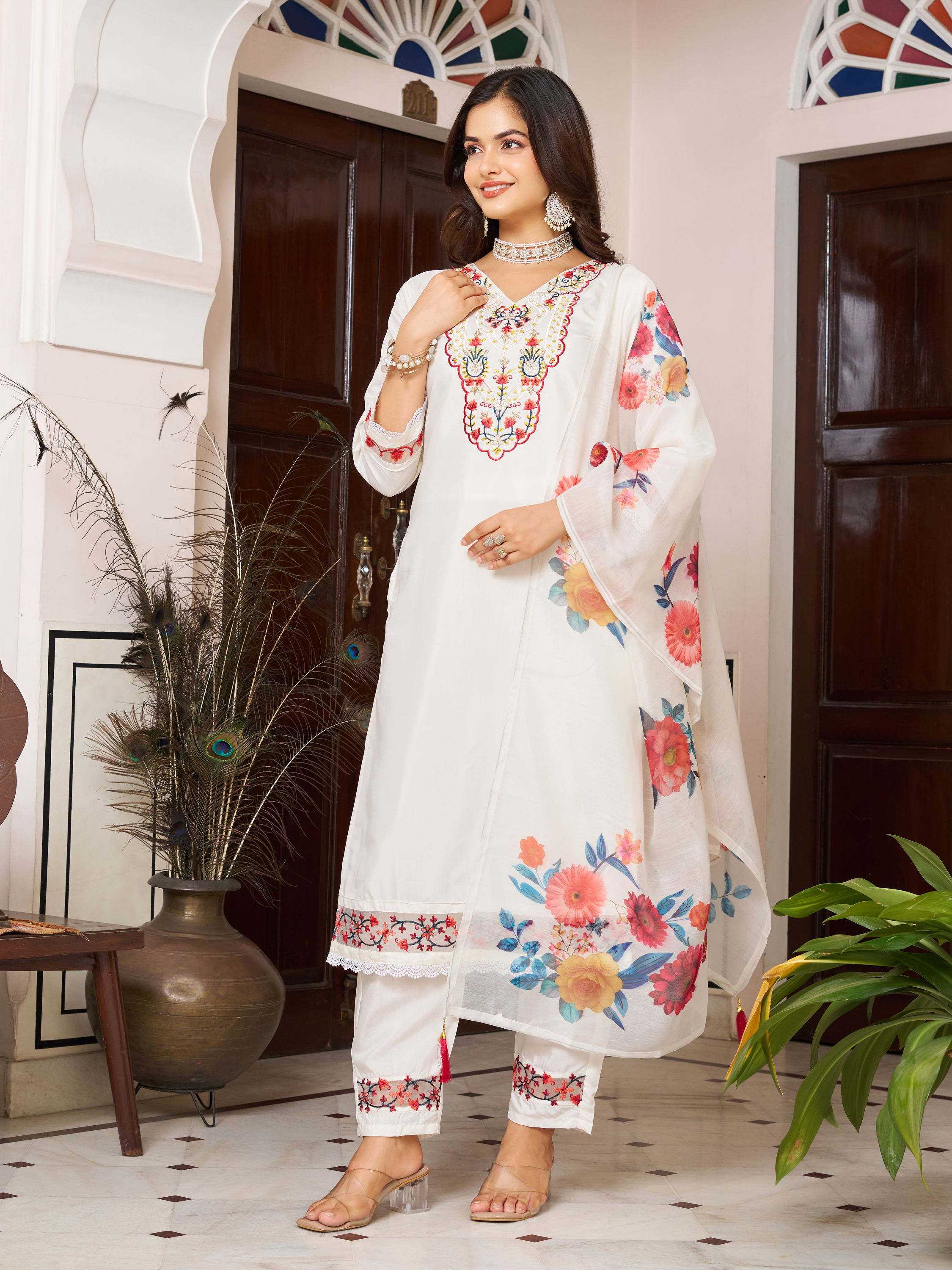 White Chanderi Blossom Salwar Suit