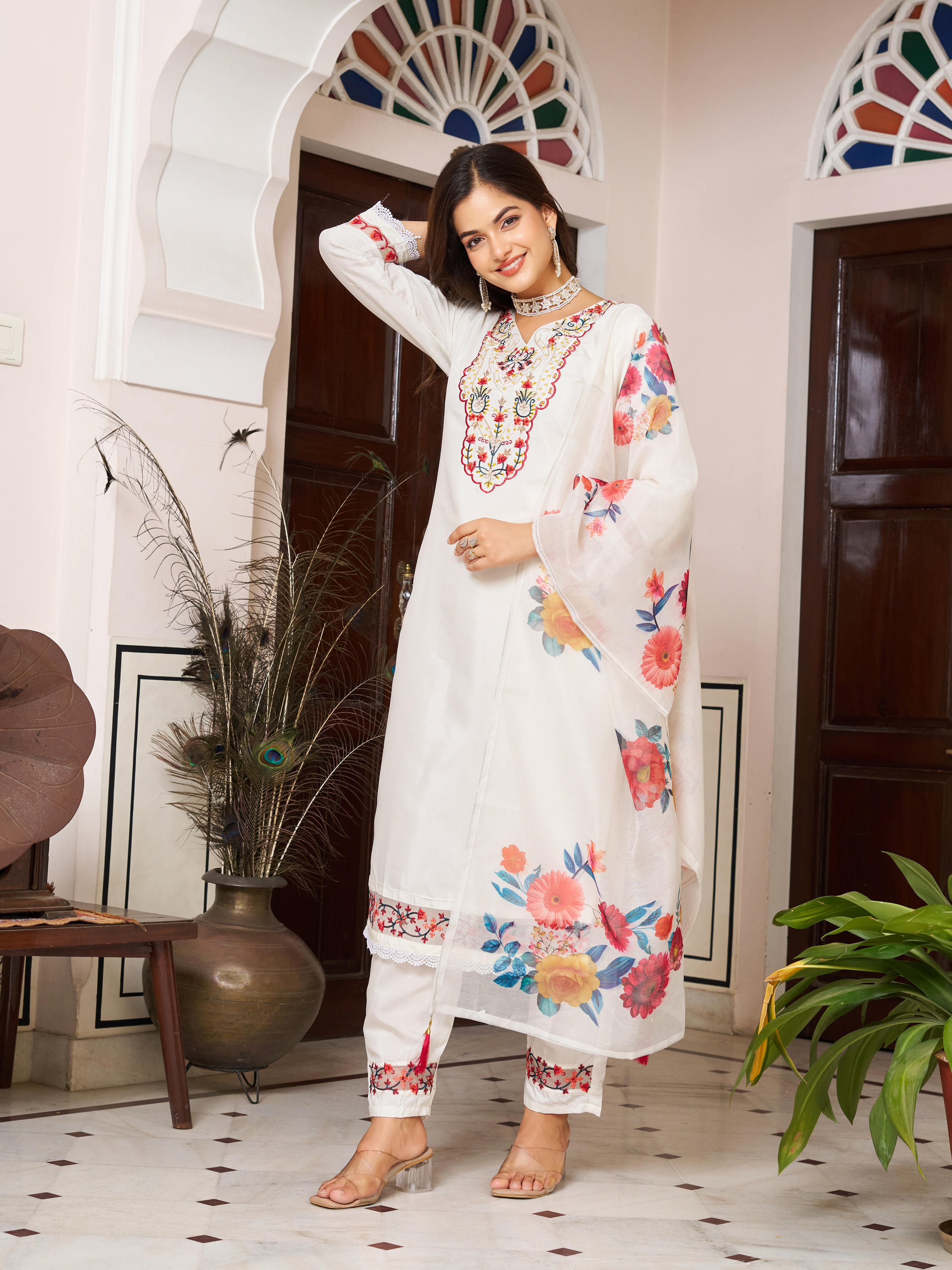 White Chanderi Blossom Salwar Suit