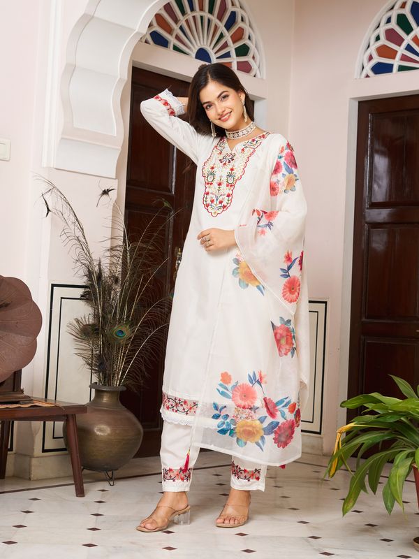 White Chanderi Blossom Salwar Suit