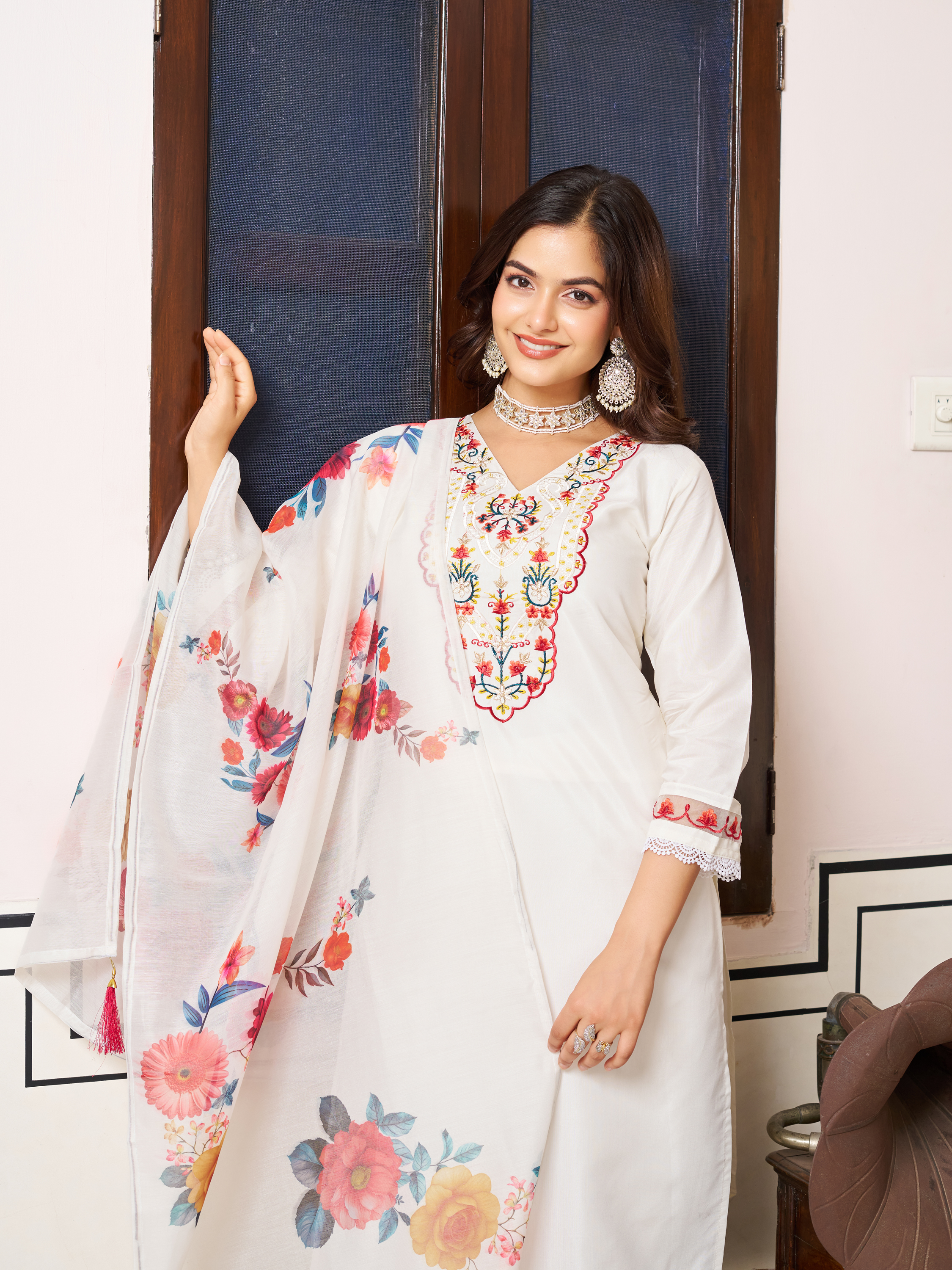 White Chanderi Blossom Salwar Suit