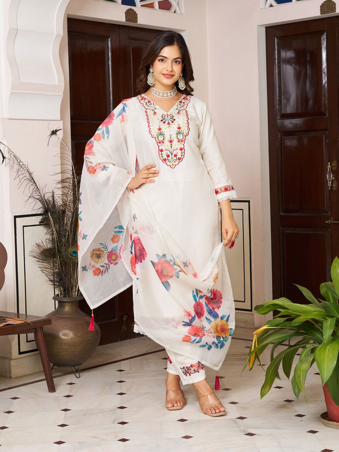 White Chanderi Blossom Salwar Suit