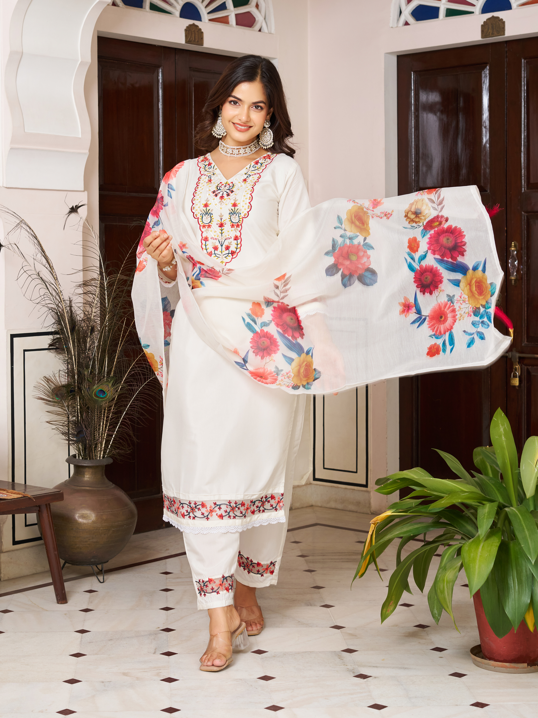 White Chanderi Blossom Salwar Suit