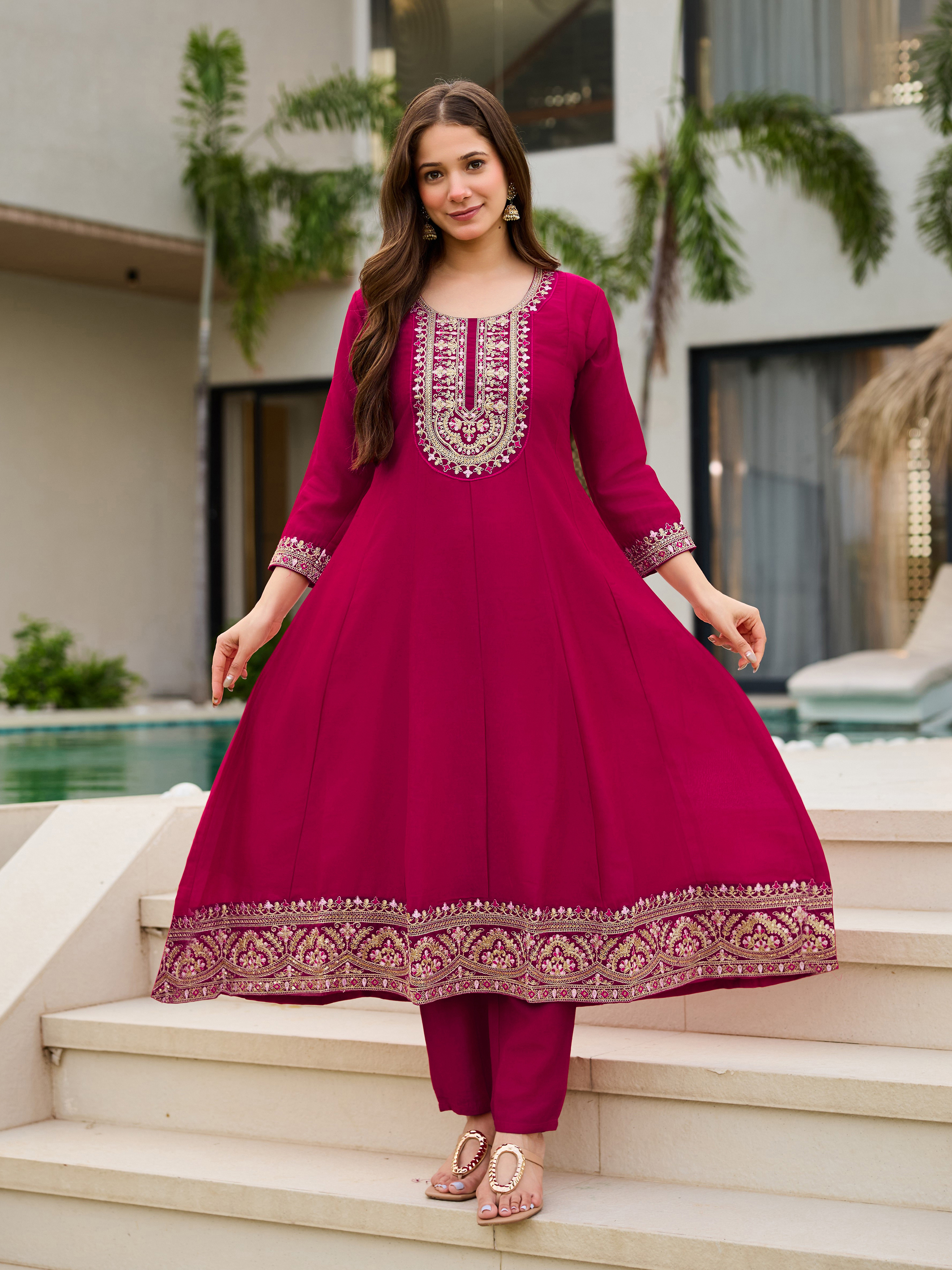 Hot Pink Vichitra Embroidered Suit
