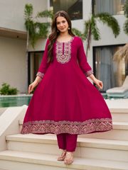 Hot Pink Vichitra Embroidered Suit - RANI PINK (ROYAL PINK)