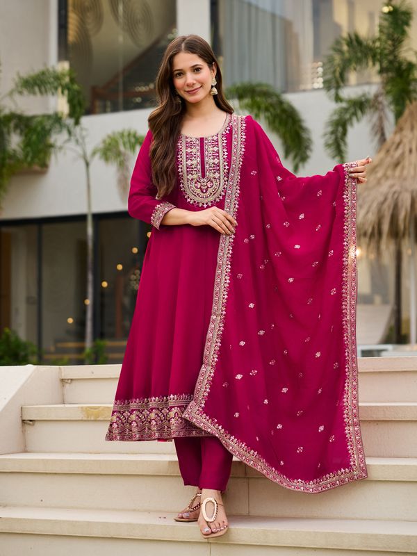 Hot Pink Vichitra Embroidered Suit