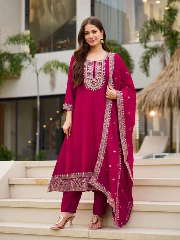 Hot Pink Vichitra Embroidered Suit