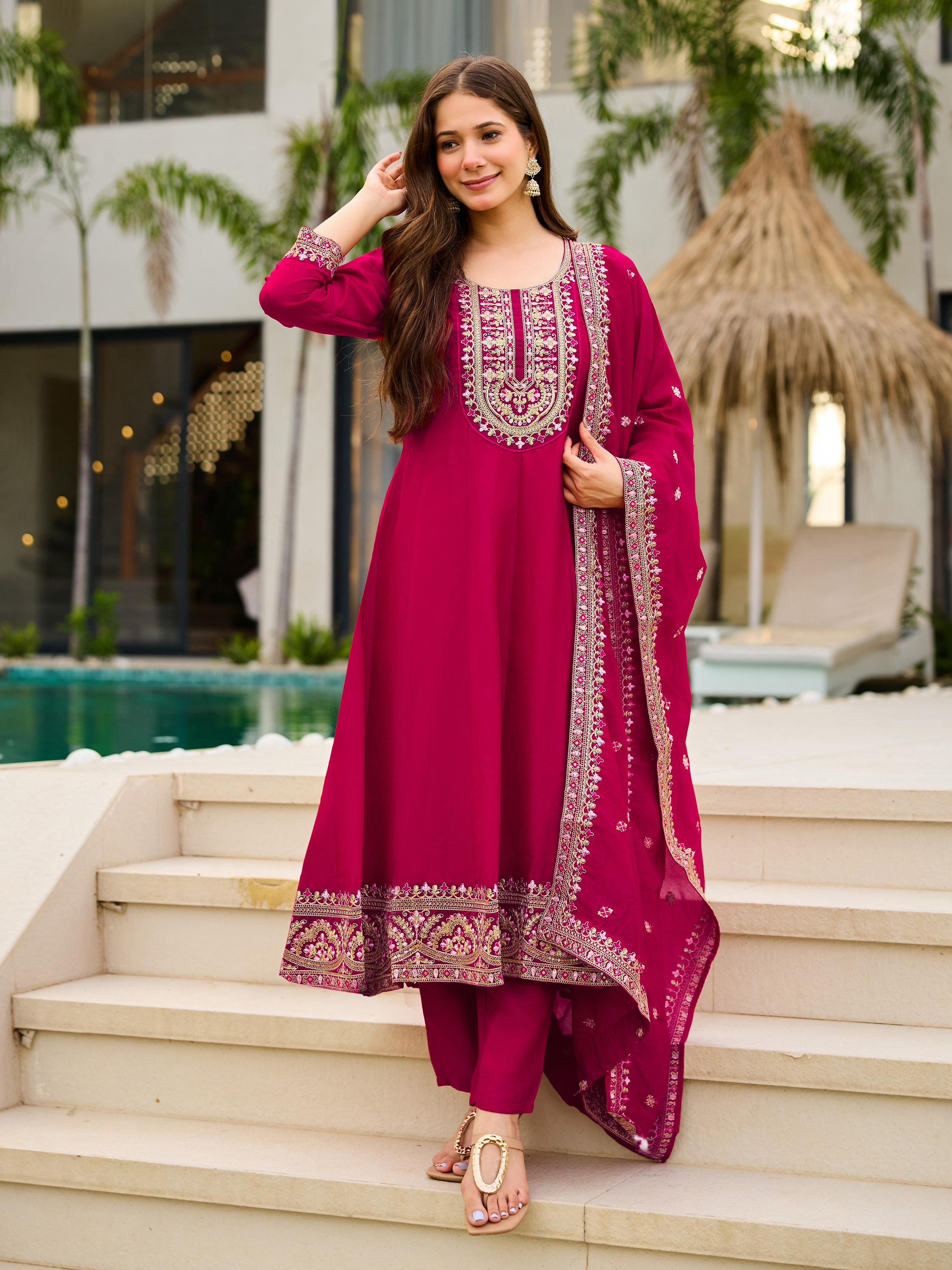 Hot Pink Vichitra Embroidered Suit