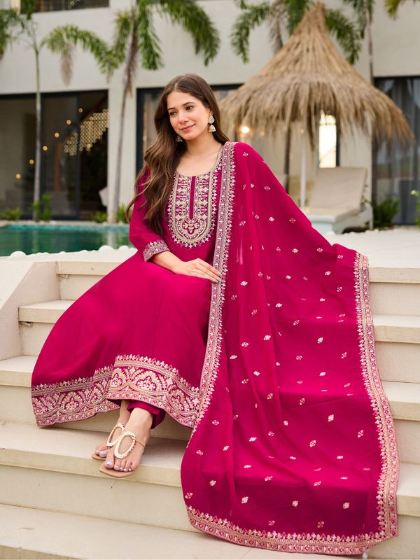 Hot Pink Vichitra Embroidered Suit
