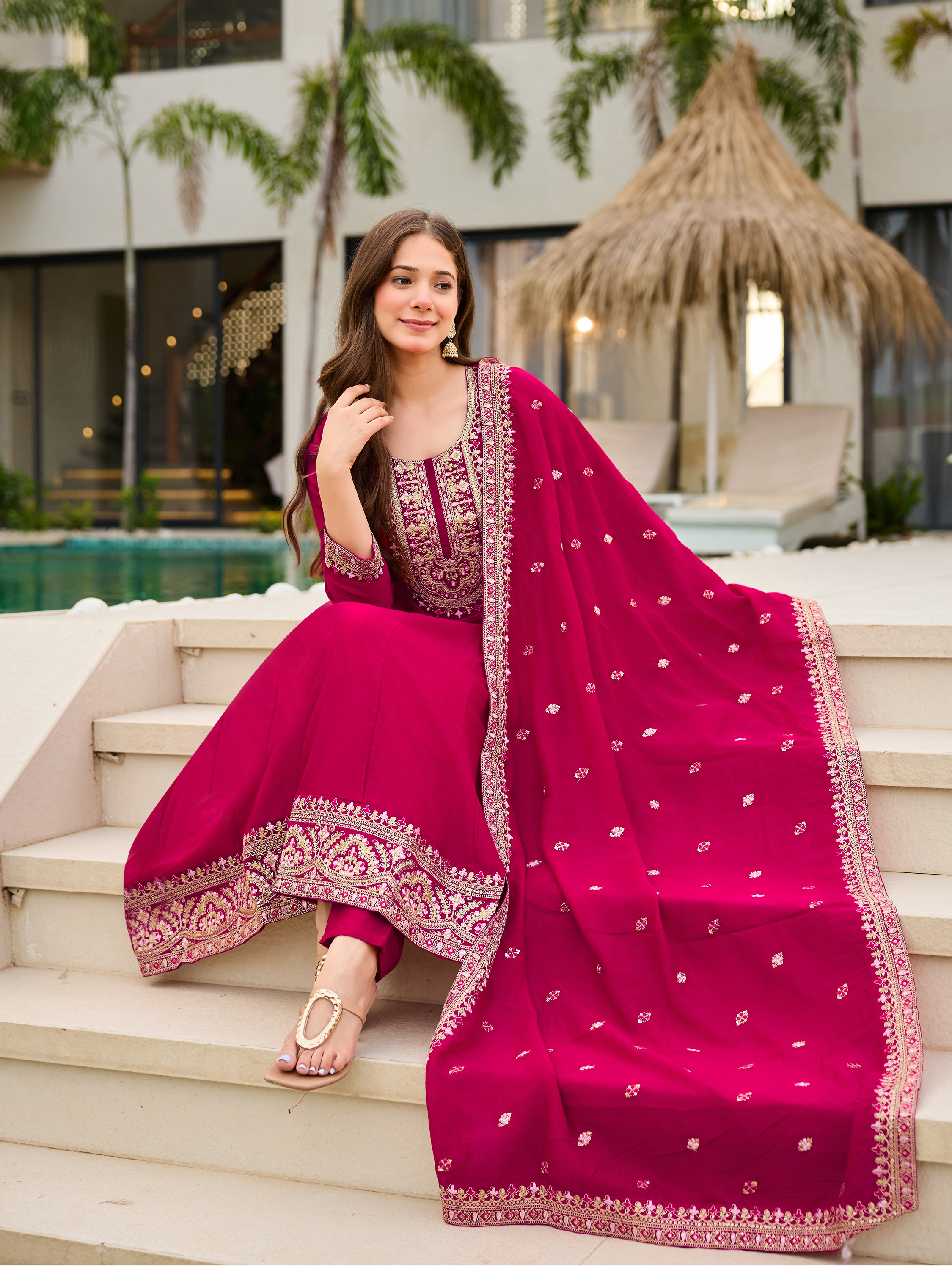Hot Pink Vichitra Embroidered Suit