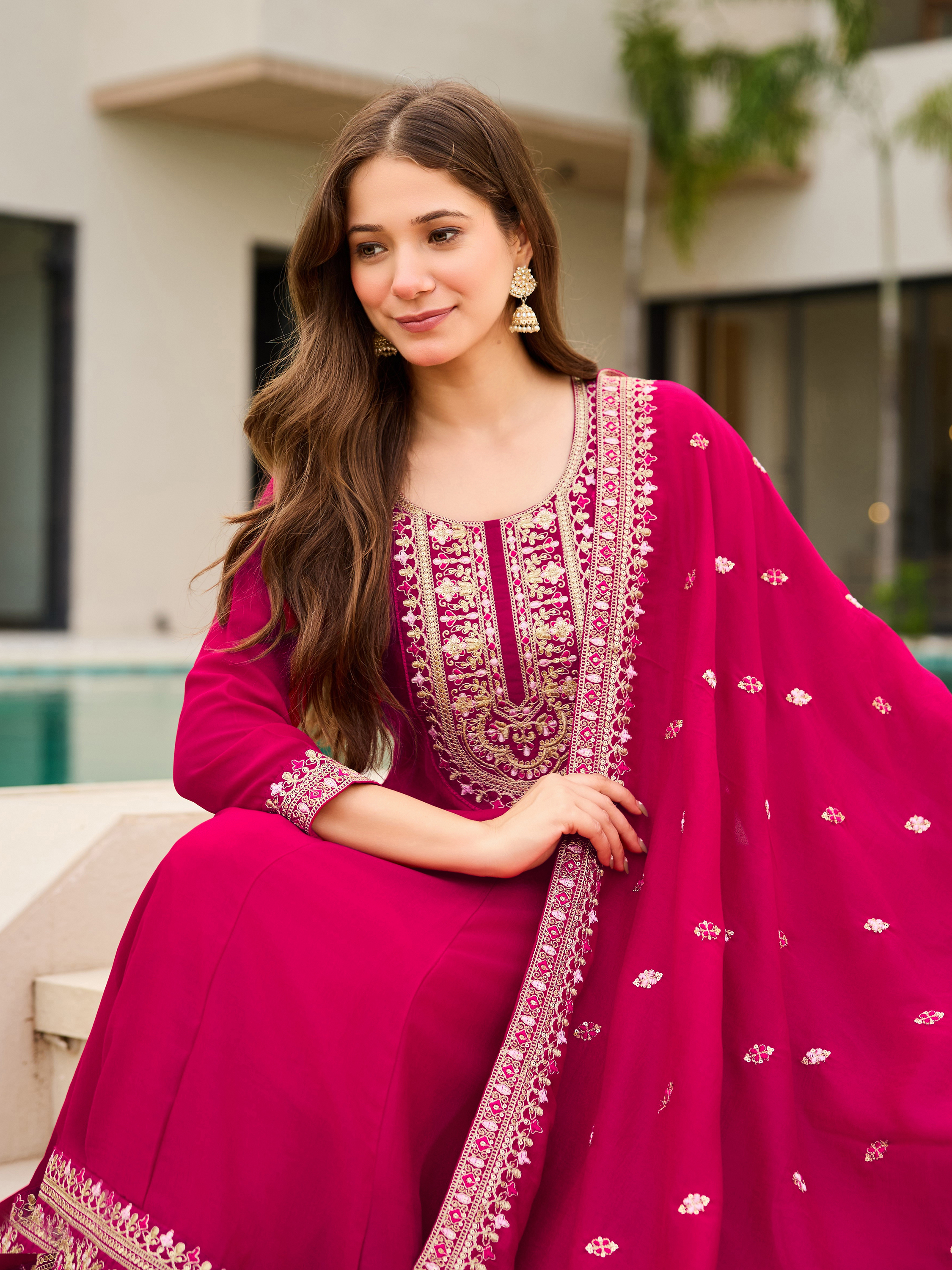 Hot Pink Vichitra Embroidered Suit