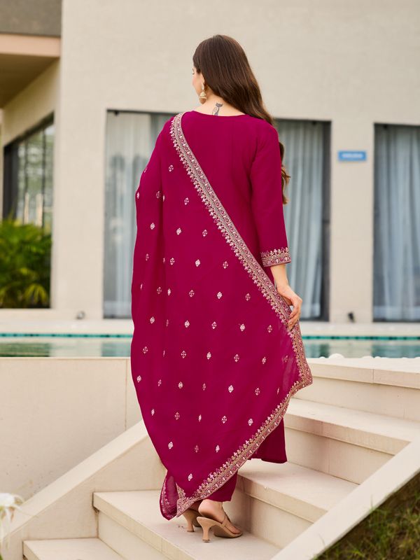 Hot Pink Vichitra Embroidered Suit