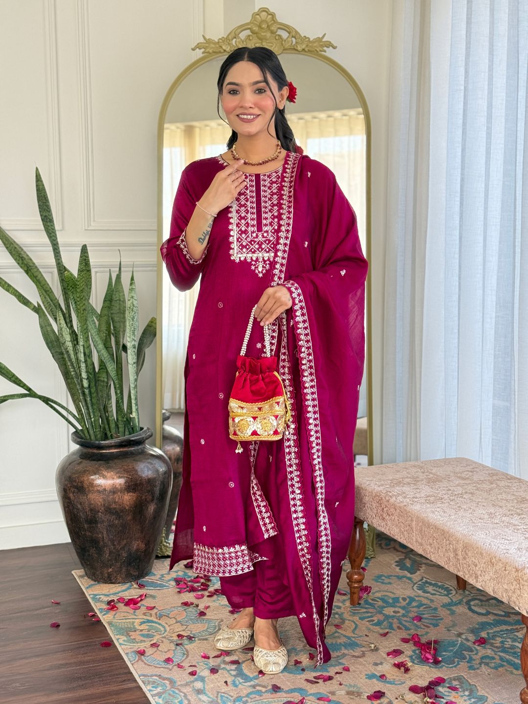 Pink Silk Embroidered Suit Set