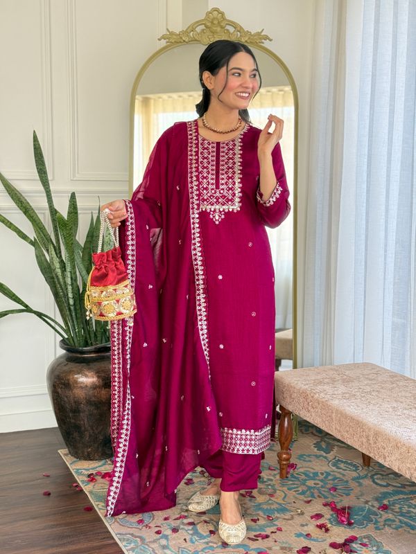Pink Silk Embroidered Suit Set