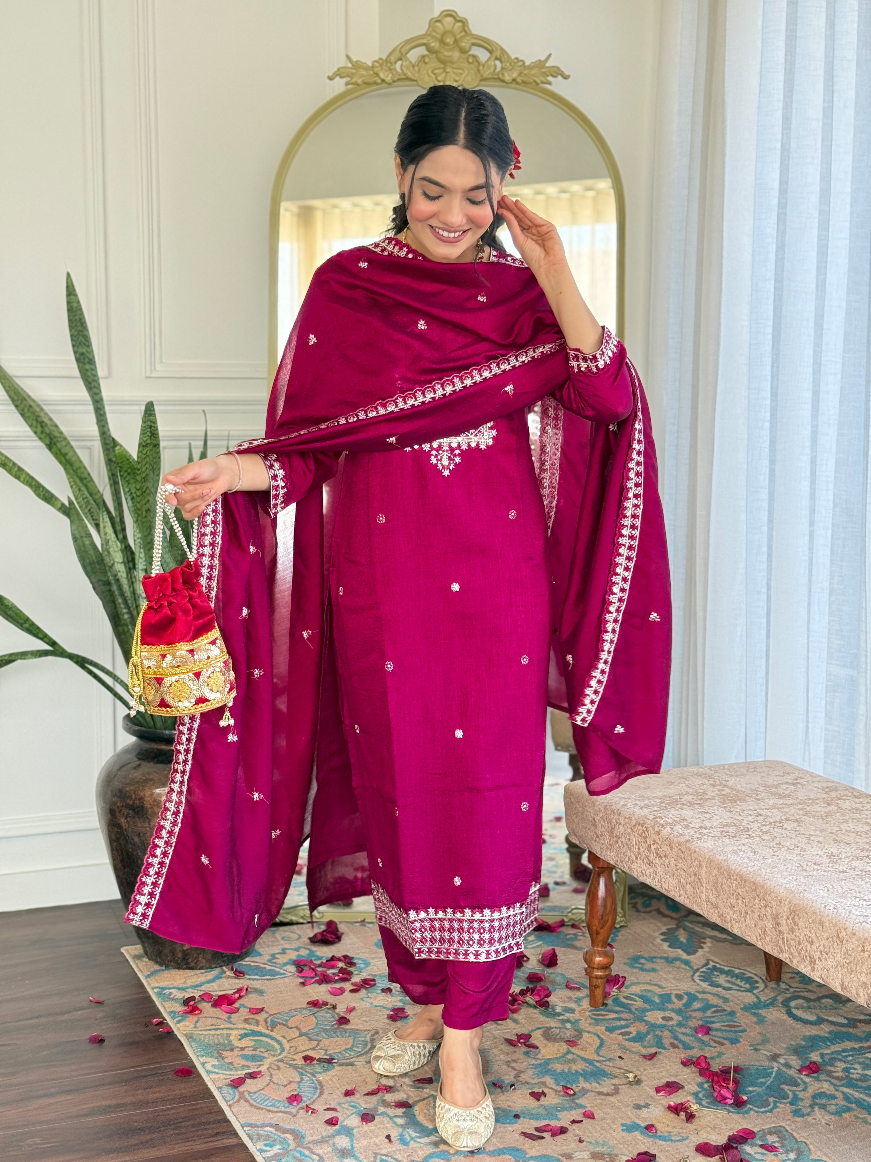 Pink Silk Embroidered Suit Set