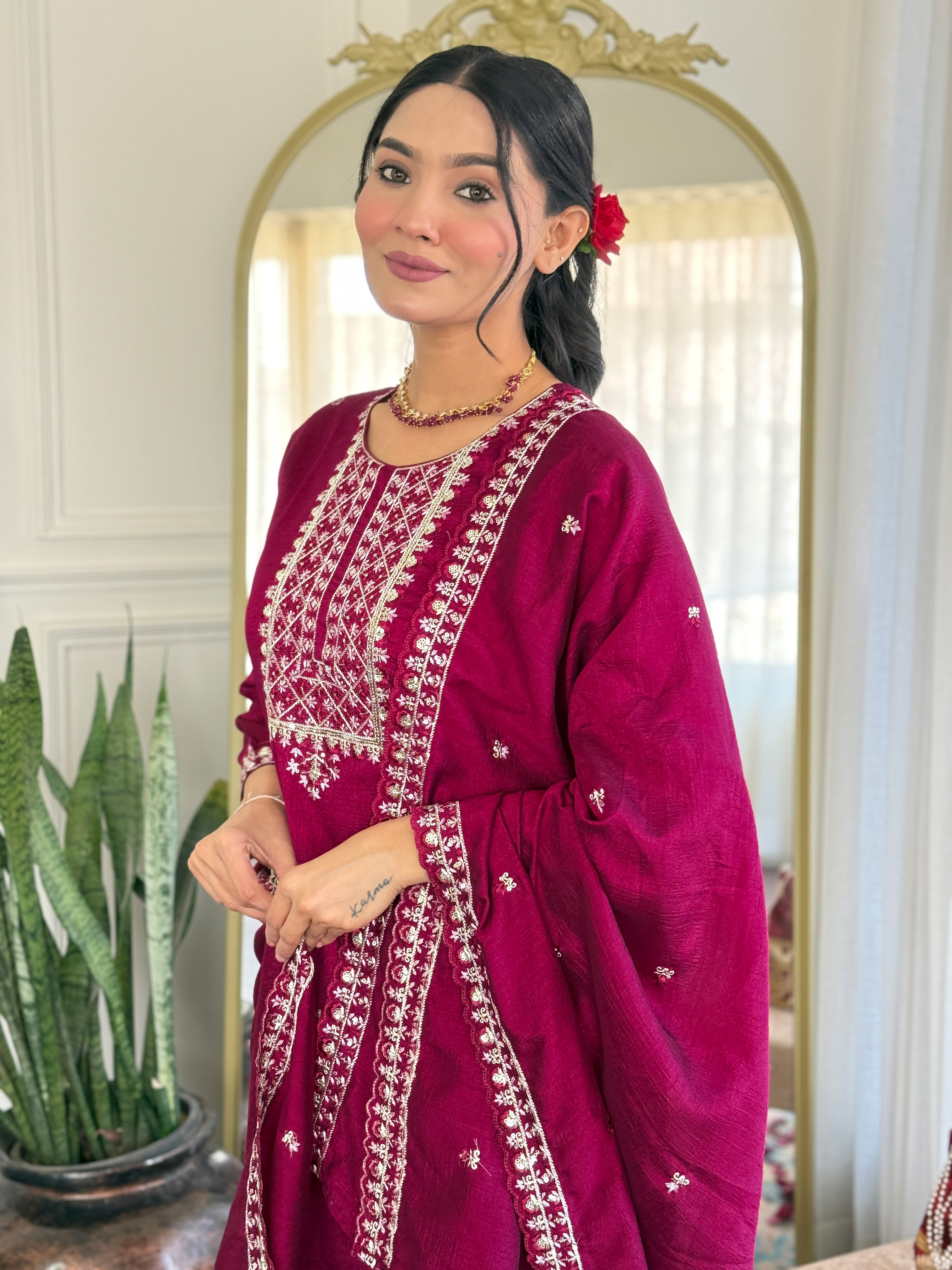 Pink Silk Embroidered Suit Set