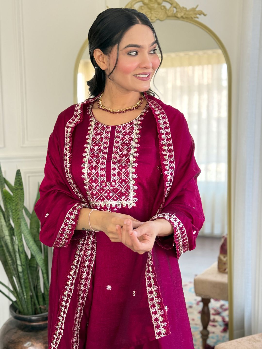 Pink Silk Embroidered Suit Set