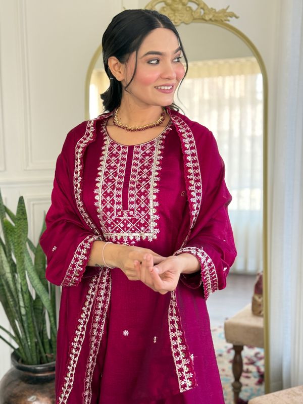 Pink Silk Embroidered Suit Set