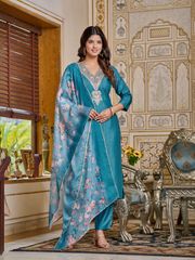 Teal Embroidered Rayon Kurti Set
