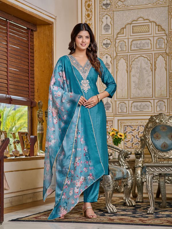 Teal Embroidered Rayon Kurti Set