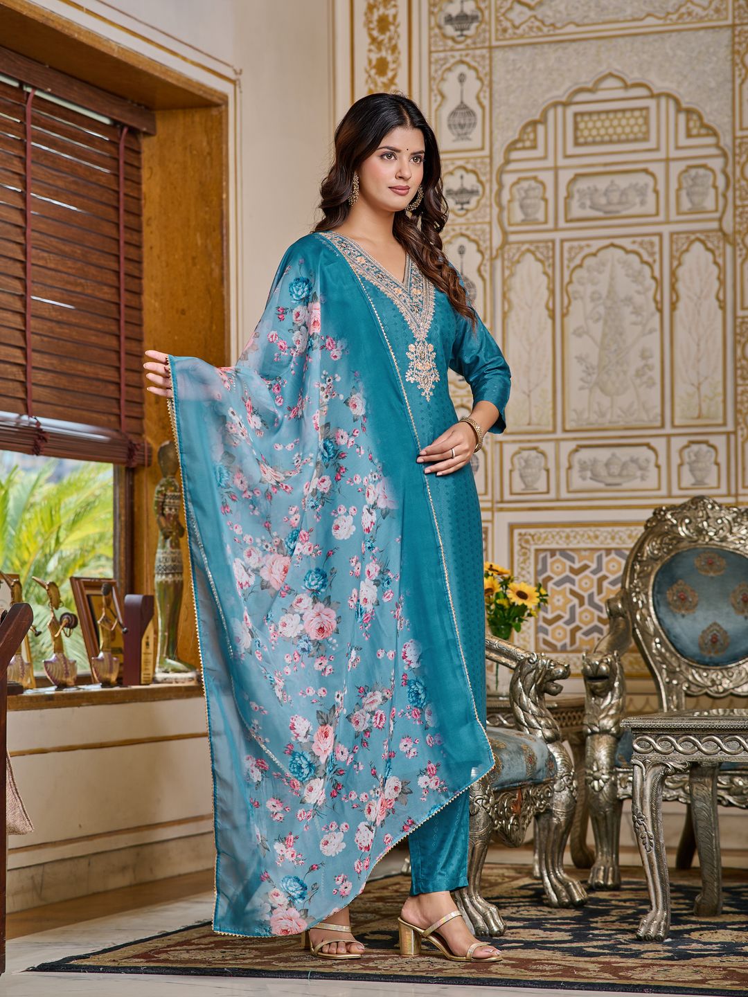 Teal Embroidered Rayon Kurti Set