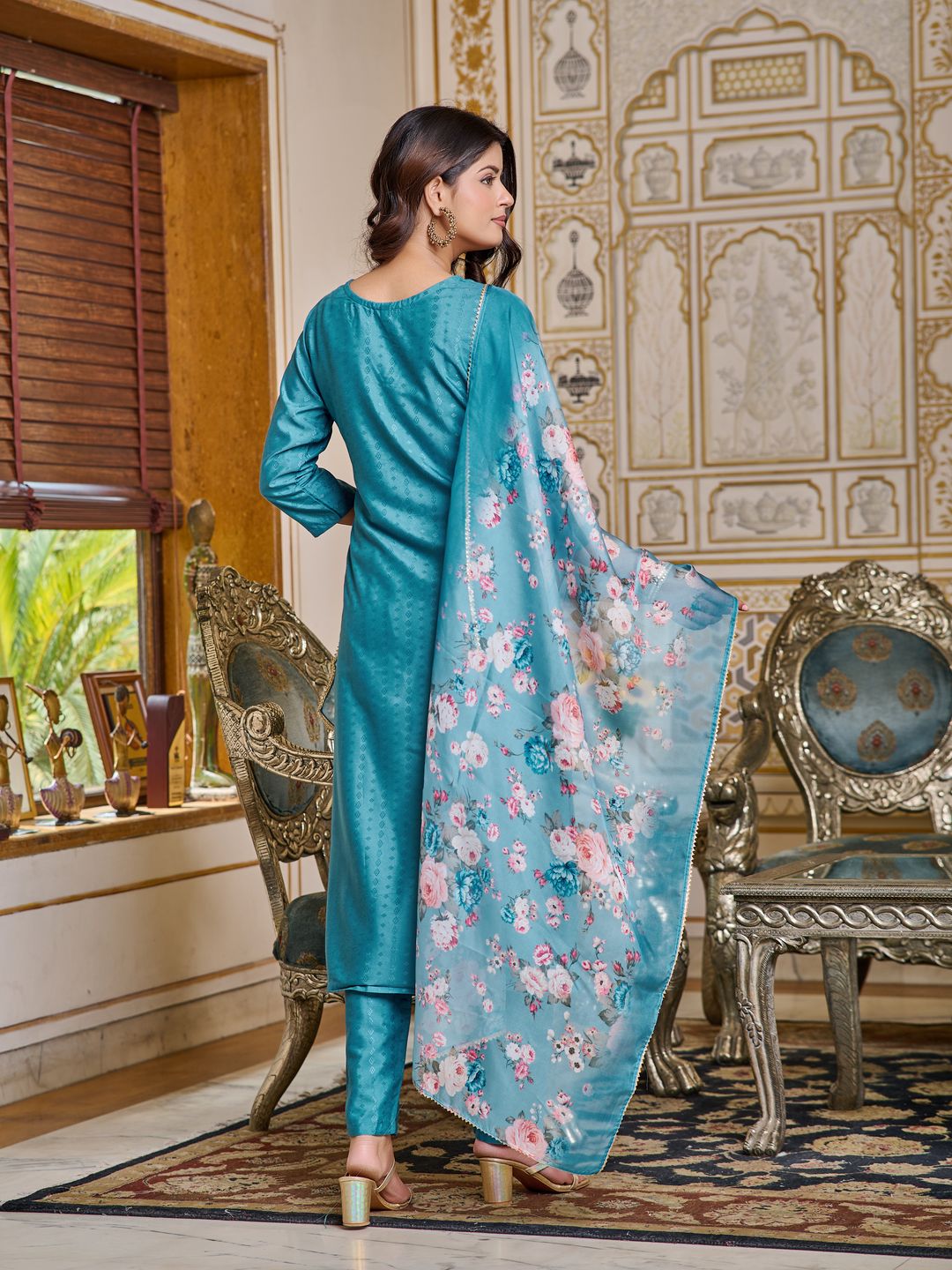 Teal Embroidered Rayon Kurti Set