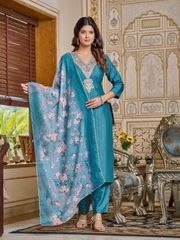 Teal Embroidered Rayon Kurti Set
