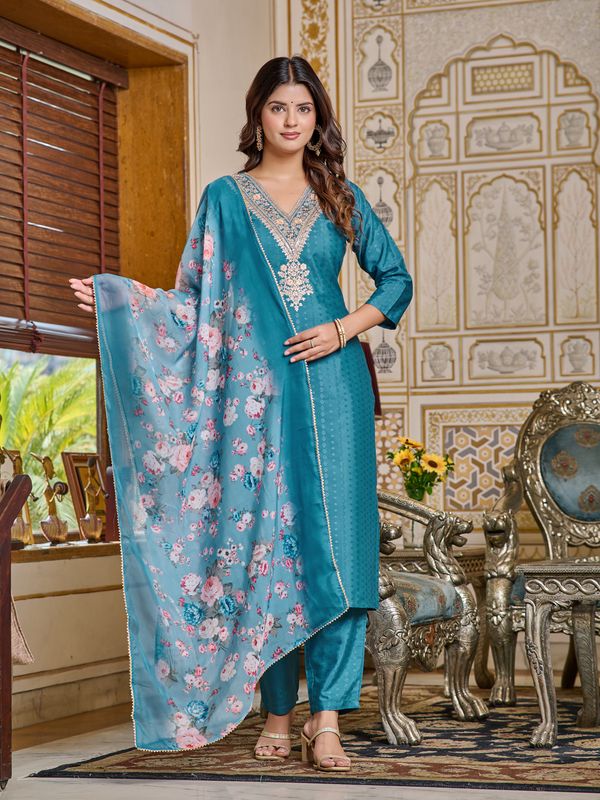 Teal Embroidered Rayon Kurti Set