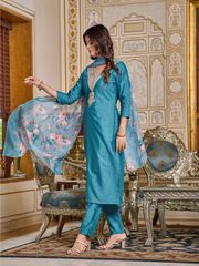 Teal Embroidered Rayon Kurti Set