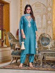 Teal Embroidered Rayon Kurti Set