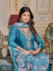 Teal Embroidered Rayon Kurti Set