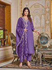 Purple Embroidered Rayon Kurti Set