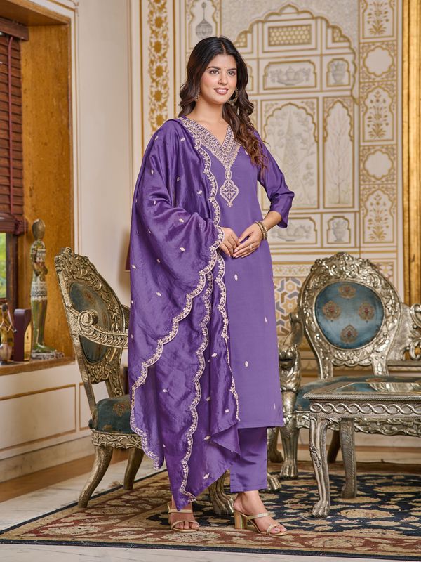 Purple Embroidered Rayon Kurti Set