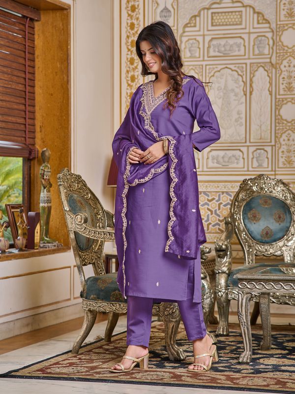 Purple Embroidered Rayon Kurti Set
