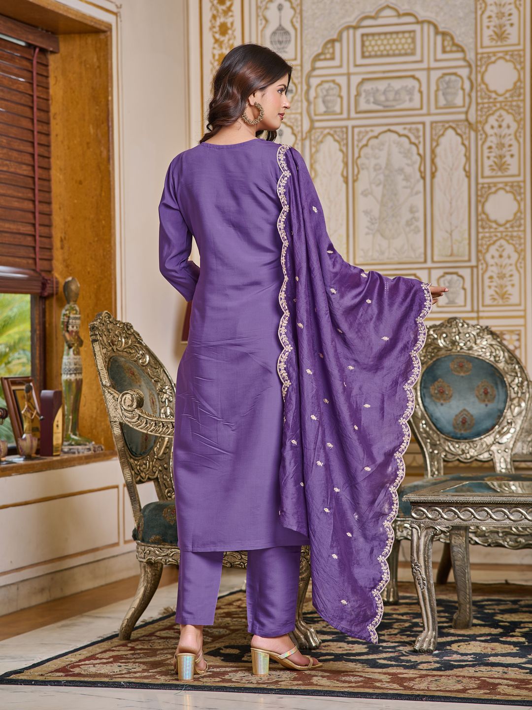 Purple Embroidered Rayon Kurti Set