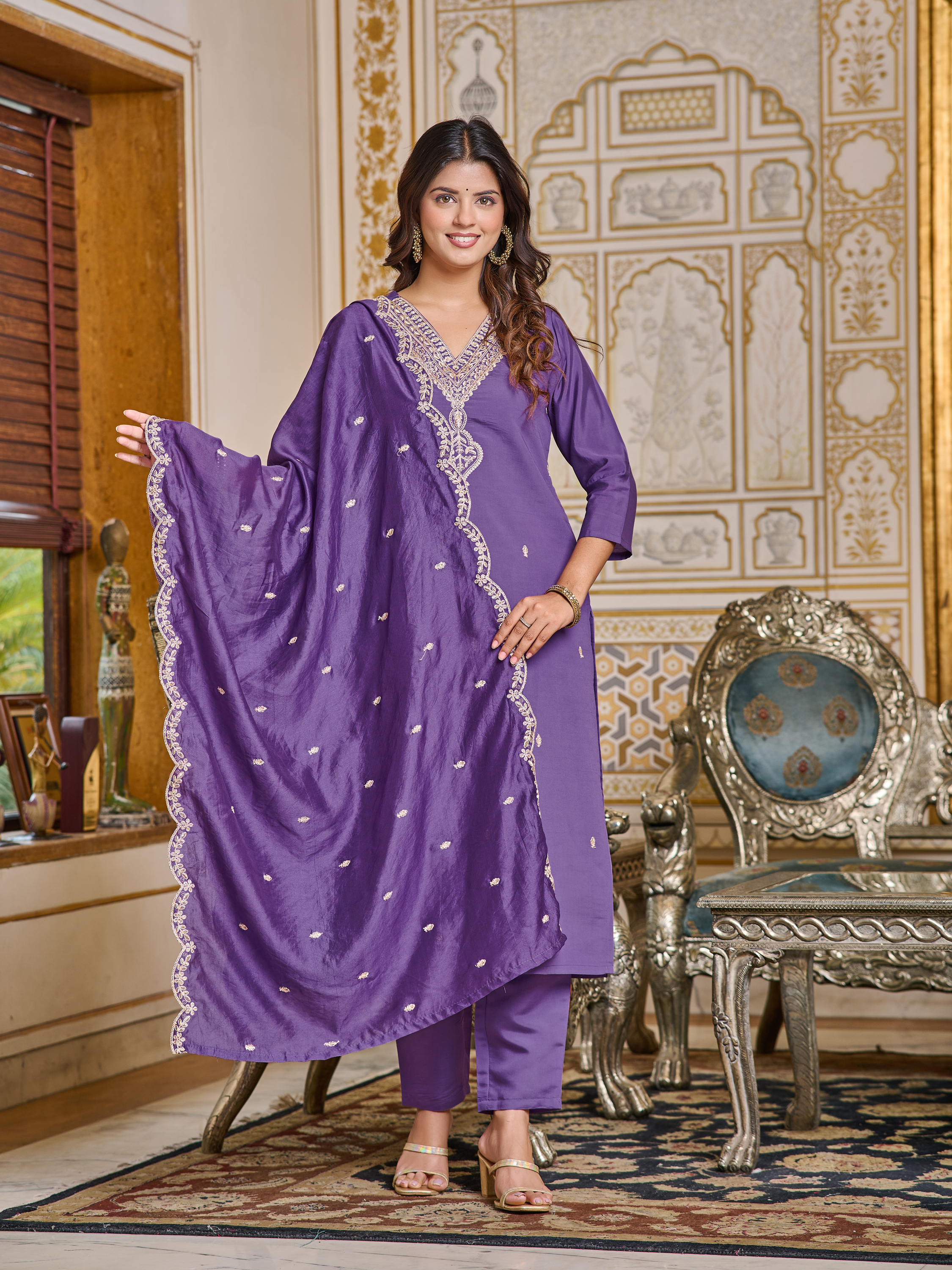 Purple Embroidered Rayon Kurti Set
