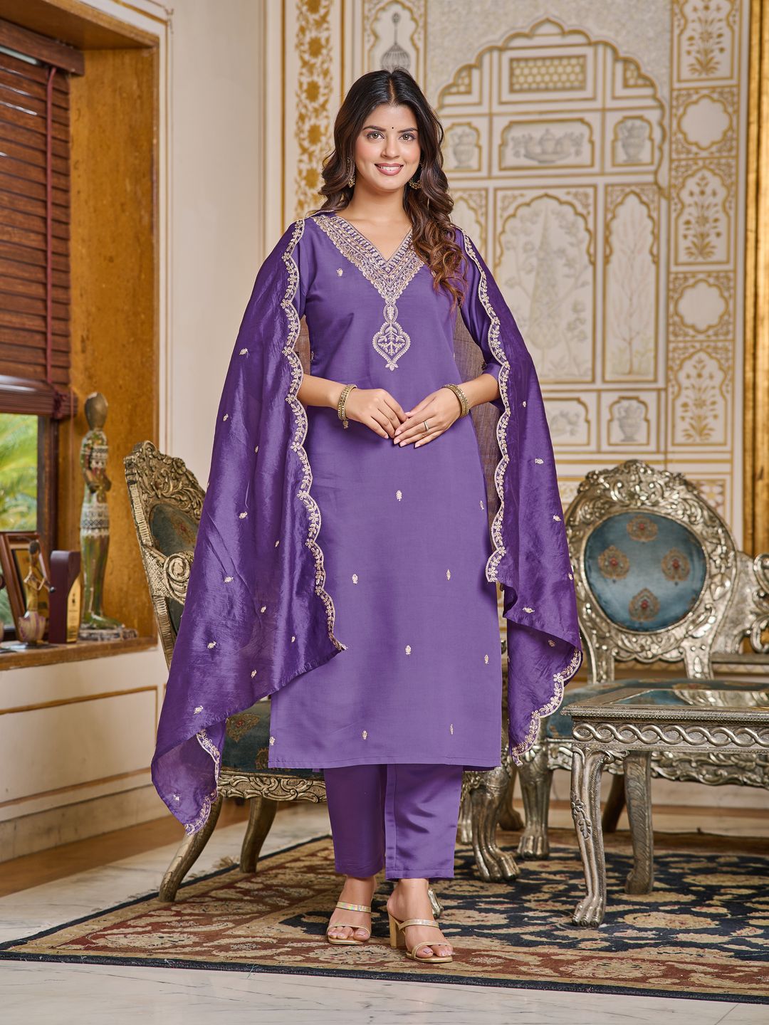 Purple Embroidered Rayon Kurti Set
