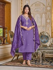 Purple Embroidered Rayon Kurti Set