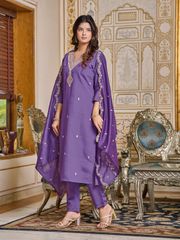 Purple Embroidered Rayon Kurti Set